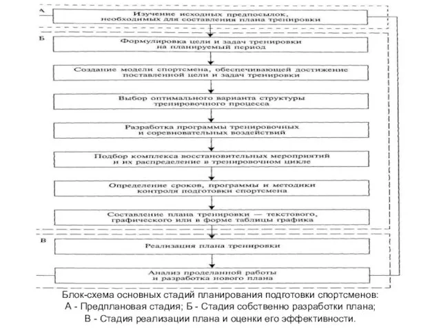 Блок-схема основных стадий планирования подготовки спортсменов: А - Предплановая стадия; Б