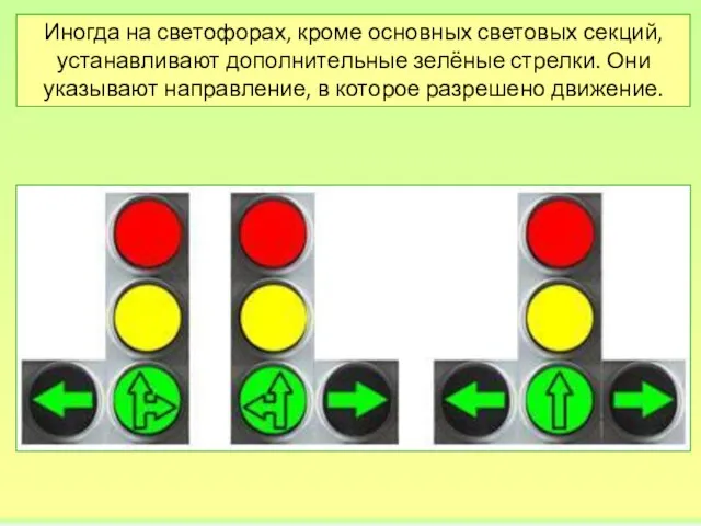 Иногда на светофорах, кроме основных световых секций, устанавливают дополнительные зелёные стрелки.