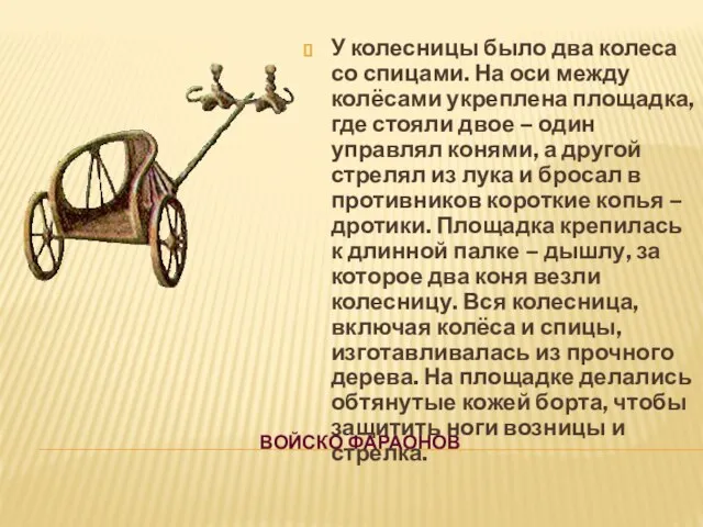 ВОЙСКО ФАРАОНОВ У колесницы было два колеса со спицами. На оси