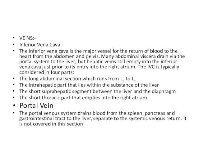 VEINS:- Inferior Vena Cava The inferior vena cava is the major