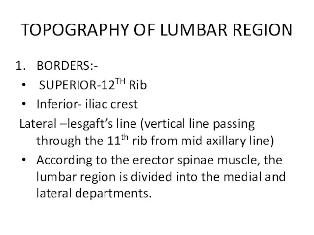 TOPOGRAPHY OF LUMBAR REGION BORDERS:- SUPERIOR-12TH Rib Inferior- iliac crest Lateral