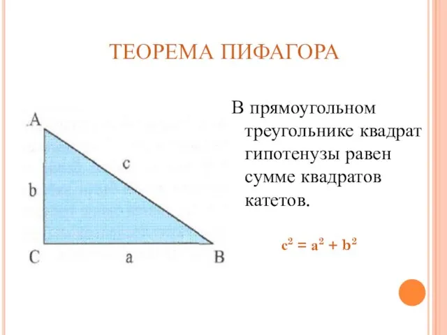 ТЕОРЕМА ПИФАГОРА В прямоугольном треугольнике квадрат гипотенузы равен сумме квадратов катетов. с2 = а2 + b2