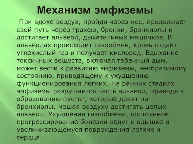 Механизм эмфиземы При вдохе воздух, пройдя через нос, продолжает свой путь