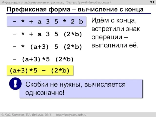 Префиксная форма – вычисление с конца - * + a 3