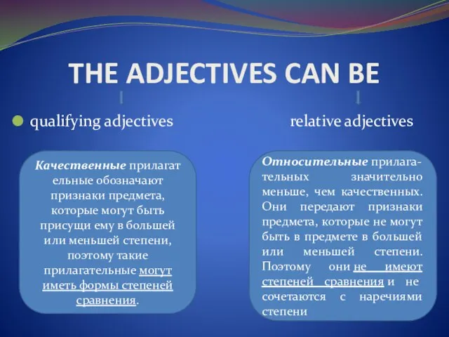 THE ADJECTIVES CAN BE qualifying adjectives relative adjectives Качественные прилагательные обозначают