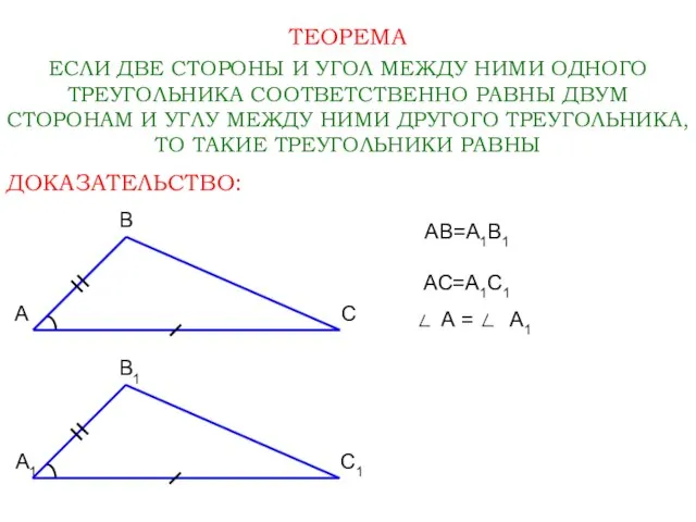 ТЕОРЕМА ЕСЛИ ДВЕ СТОРОНЫ И УГОЛ МЕЖДУ НИМИ ОДНОГО ТРЕУГОЛЬНИКА СООТВЕТСТВЕННО