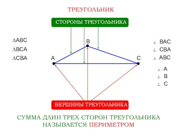 ТРЕУГОЛЬНИК ВЕРШИНЫ ТРЕУГОЛЬНИКА A B C СТОРОНЫ ТРЕУГОЛЬНИКА ∆АBС ∆BСА ∆СВА