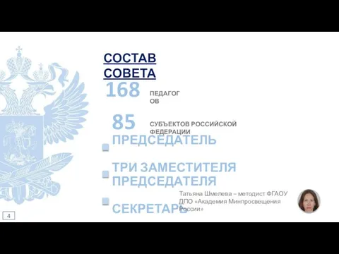 ПРЕДСЕДАТЕЛЬ ТРИ ЗАМЕСТИТЕЛЯ ПРЕДСЕДАТЕЛЯ СЕКРЕТАРЬ 4 СОСТАВ СОВЕТА 168 ПЕДАГОГОВ 85