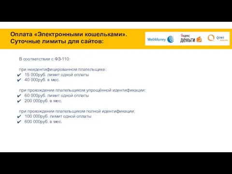 Оплата «Электронными кошельками». Суточные лимиты для сайтов: В соответствии с ФЗ-110: