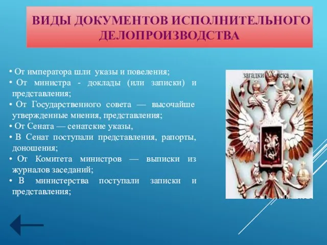 ВИДЫ ДОКУМЕНТОВ ИСПОЛНИТЕЛЬНОГО ДЕЛОПРОИЗВОДСТВА От императора шли указы и повеления; От