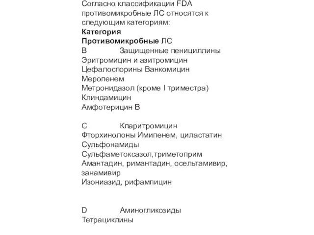 Согласно классификации FDA противомикробные ЛС относятся к следующим категориям: Категория Противомикробные