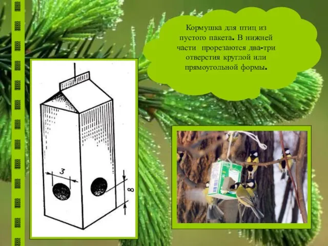 Кормушка для птиц из пустого пакета. В нижней части прорезаются два-три отверстия круглой или прямоугольной формы.