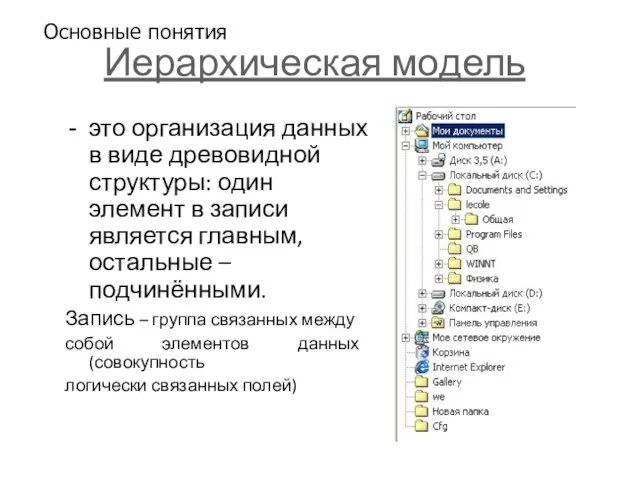 Иерархическая модель это организация данных в виде древовидной структуры: один элемент