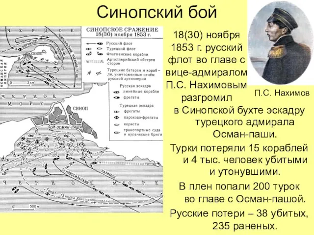 Синопский бой в Синопской бухте эскадру турецкого адмирала Осман-паши. Турки потеряли