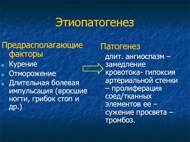 Этиопатогенез Предрасполагающие факторы Курение Отморожение Длительная болевая импульсация (вросшие ногти, грибок