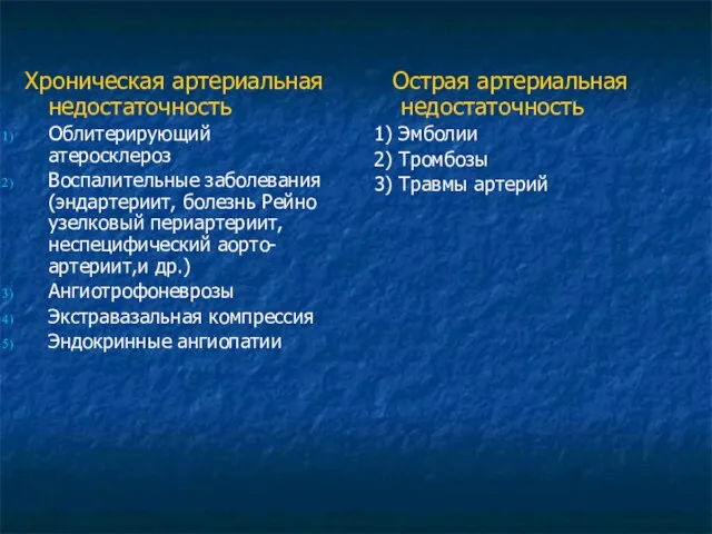 Острая артериальная недостаточность 1) Эмболии 2) Тромбозы 3) Травмы артерий Хроническая