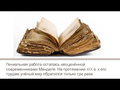 Гениальная работа осталась неоценённой современниками Менделя. На протяжении XIX в. к