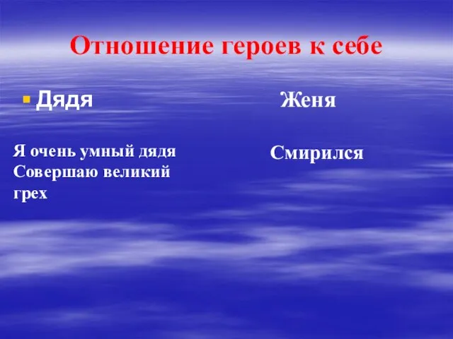 Отношение героев к себе Дядя Женя Я очень умный дядя Совершаю великий грех Смирился