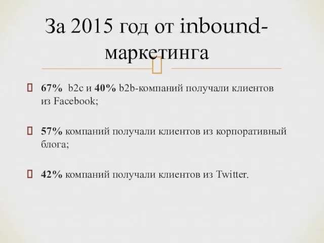 67% b2с и 40% b2b-компаний получали клиентов из Facebook; 57% компаний