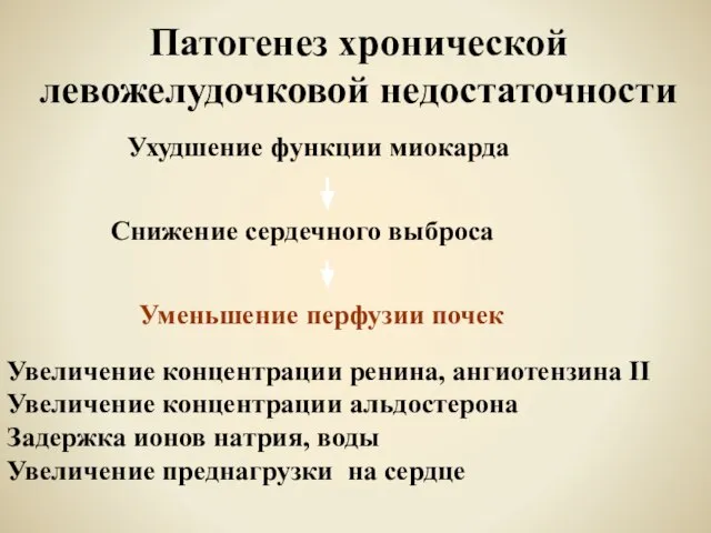 Патогенез хронической левожелудочковой недостаточности Уменьшение перфузии почек Увеличение концентрации ренина, ангиотензина