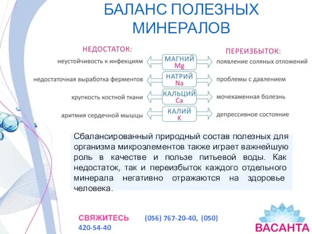 БАЛАНС ПОЛЕЗНЫХ МИНЕРАЛОВ Сбалансированный природный состав полезных для организма микроэлементов также