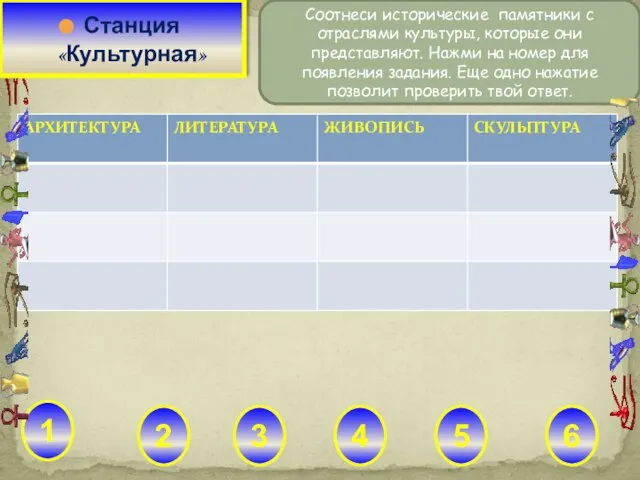 Соотнеси исторические памятники с отраслями культуры, которые они представляют. Нажми на