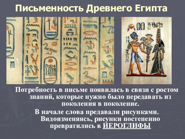 Письменность Древнего Египта Потребность в письме появилась в связи с ростом