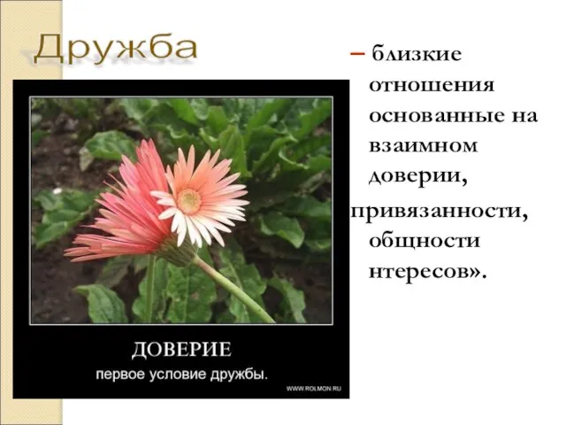 – близкие отношения основанные на взаимном доверии, привязанности, oбщности нтересов». Дружба