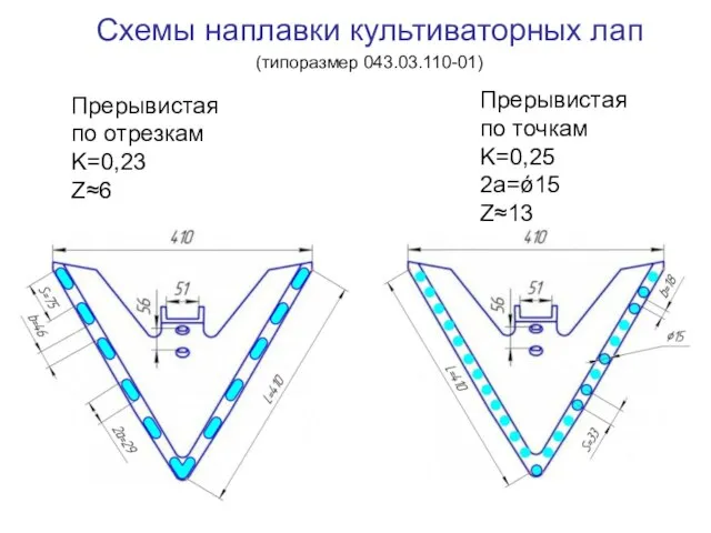 Схемы наплавки культиваторных лап Прерывистая по отрезкам K=0,23 Z≈6 (типоразмер 043.03.110-01)