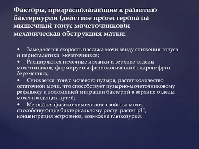 • Замедляется скорость пассажа мочи ввиду снижения тонуса и перистальтики мочеточников;