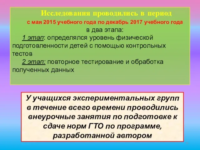 Исследования проводились в период с мая 2015 учебного года по декабрь