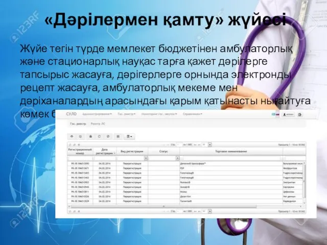 «Дәрілермен қамту» жүйесі Жүйе тегін түрде мемлекет бюджетінен амбулаторлық және стационарлық