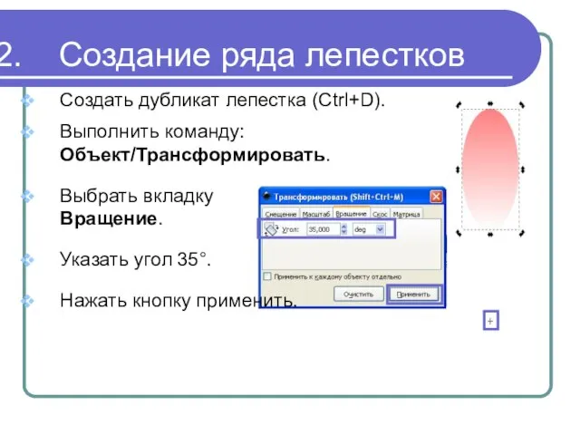 Создание ряда лепестков Создать дубликат лепестка (Ctrl+D). Выполнить команду: Объект/Трансформировать. Выбрать