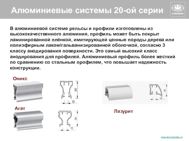 Алюминиевые системы 20-ой серии Агат Лазурит Оникс В алюминиевой системе рельсы