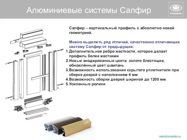 Алюминиевые системы Сапфир Сапфир – вертикальный профиль с абсолютно новой геометрией.