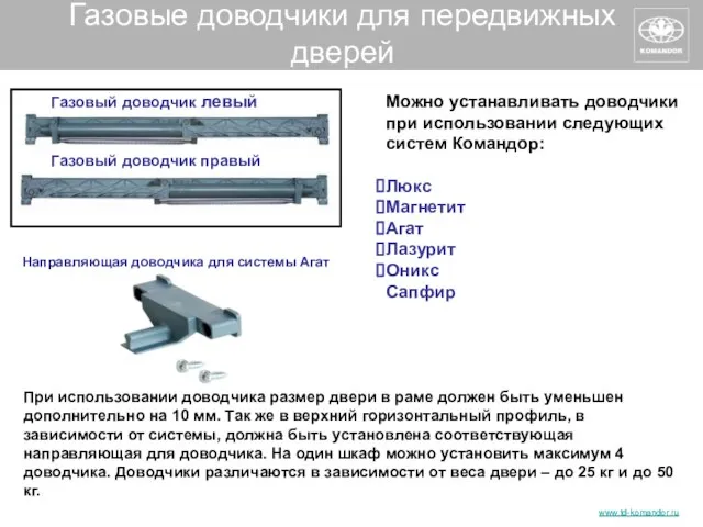 Газовые доводчики для передвижных дверей Можно устанавливать доводчики при использовании следующих