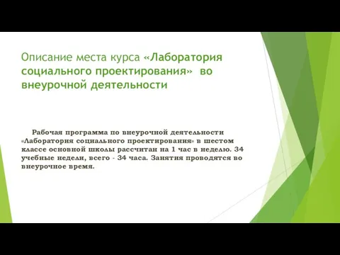 Описание места курса «Лаборатория социального проектирования» во внеурочной деятельности Рабочая программа