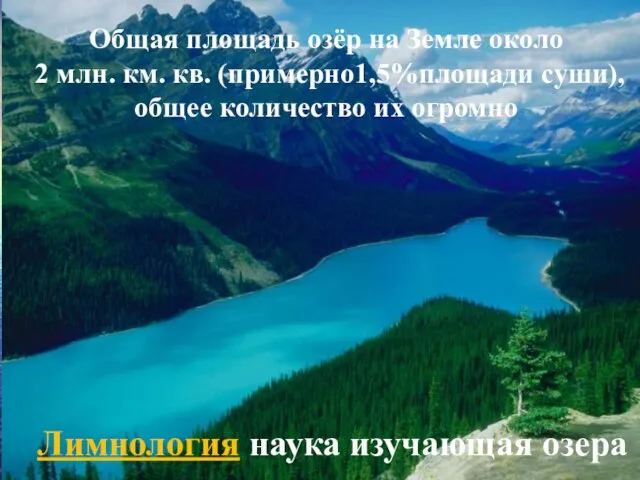 Общая площадь озёр на Земле около 2 млн. км. кв. (примерно1,5%площади