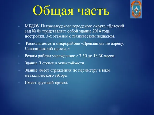 Общая часть МБДОУ Петрозаводского городского округа «Детский сад № 8» представляет