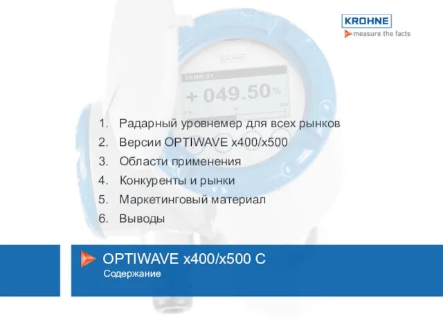 OPTIWAVE x400/x500 C Содержание Радарный уровнемер для всех рынков Версии OPTIWAVE