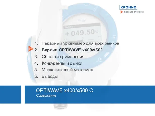 Содержание Радарный уровнемер для всех рынков Версии OPTIWAVE x400/x500 Области применения