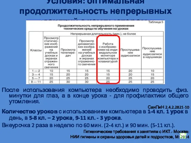 Условия: оптимальная продолжительность непрерывных занятий с компьютером После использования компьютера необходимо