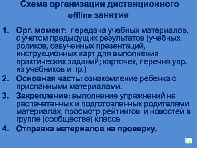 Схема организации дистанционного offline занятия Орг. момент: передача учебных материалов, с