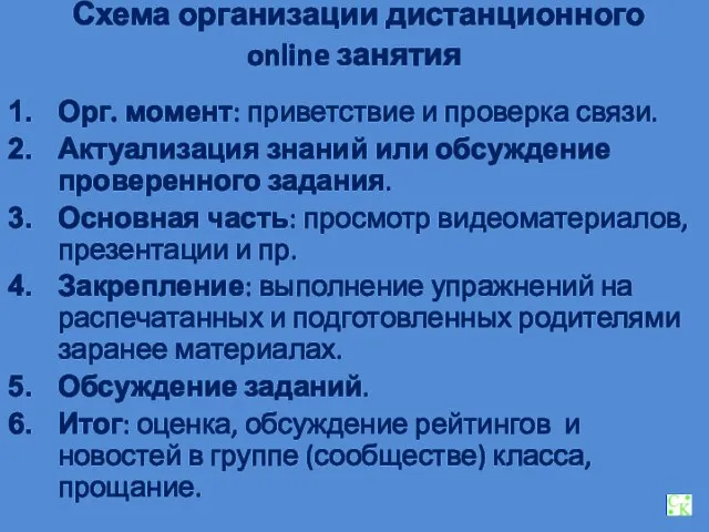 Схема организации дистанционного online занятия Орг. момент: приветствие и проверка связи.