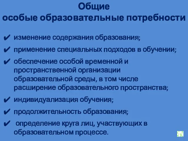 Общие особые образовательные потребности изменение содержания образования; применение специальных подходов в