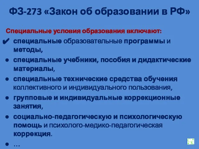 ФЗ-273 «Закон об образовании в РФ» Специальные условия образования включают: специальные