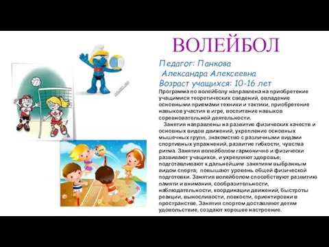 ВОЛЕЙБОЛ Педагог: Панкова Александра Алексеевна Возраст учащихся: 10-16 лет Программа по