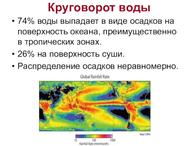 74% воды выпадает в виде осадков на поверхность океана, преимущественно в