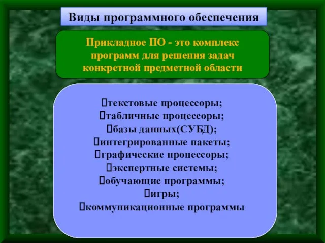 Виды программного обеспечения Прикладное ПО - это комплекс программ для решения