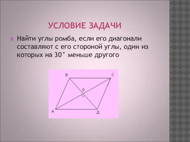 УСЛОВИЕ ЗАДАЧИ Найти углы ромба, если его диагонали составляют с его